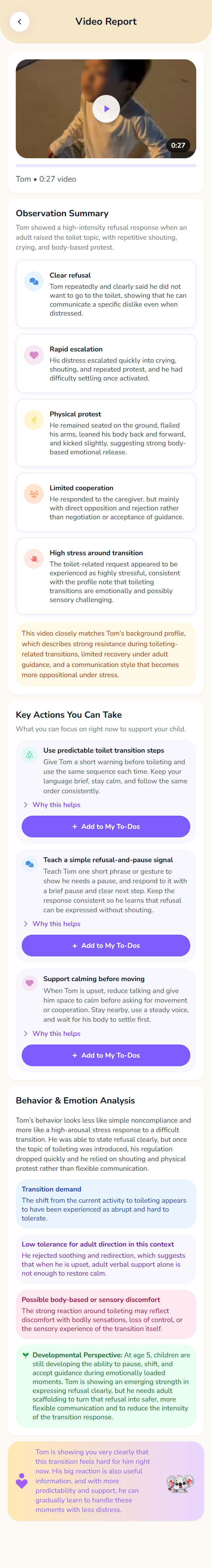 Video report screen in the Kidooo app
