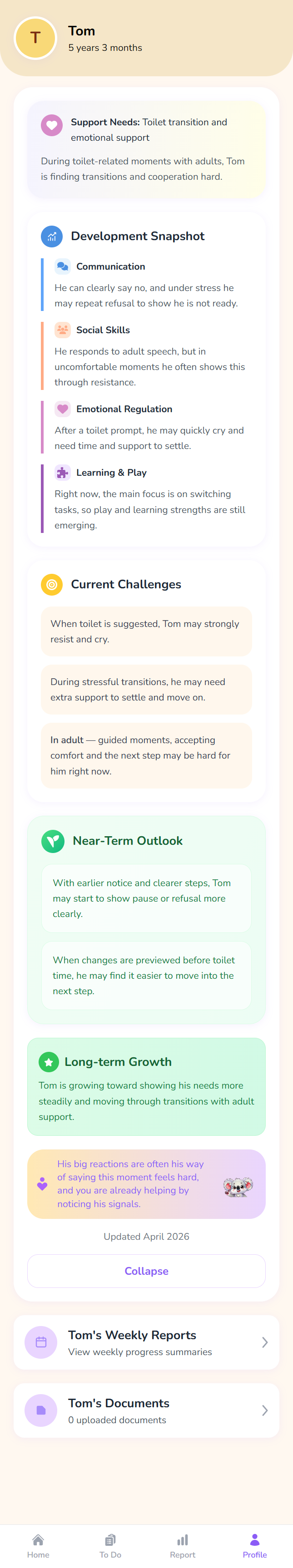 Tom child profile in the Kidooo app