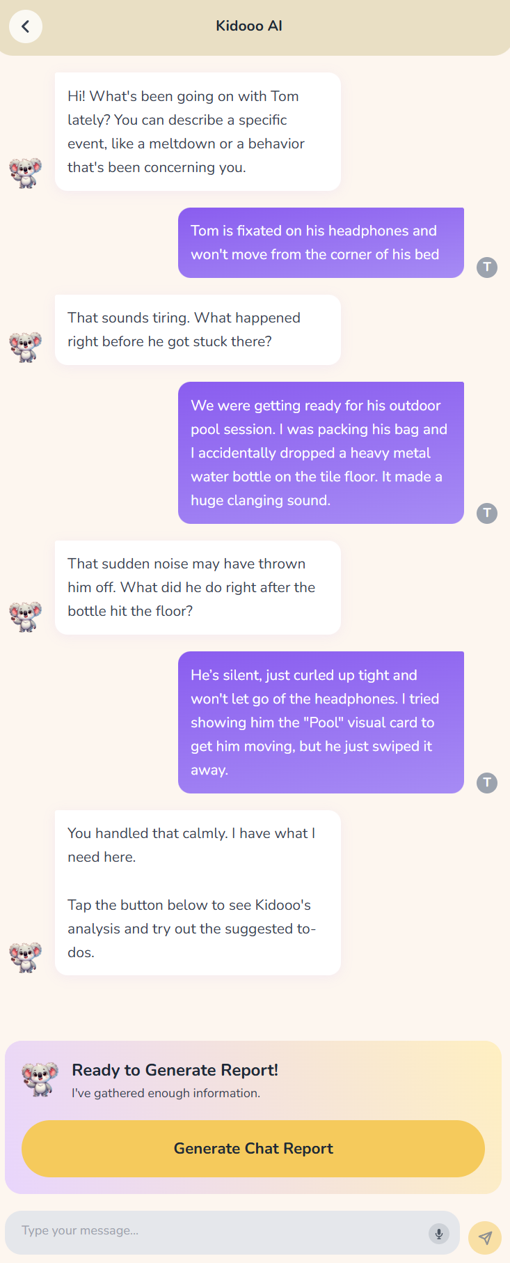 Kidooo AI chat conversation in the app