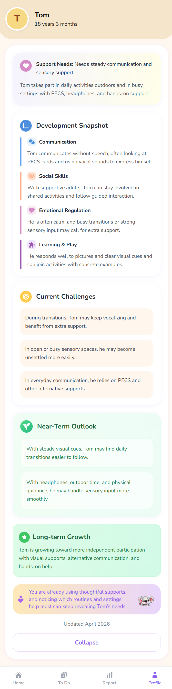 Tom child profile in the Kidooo app