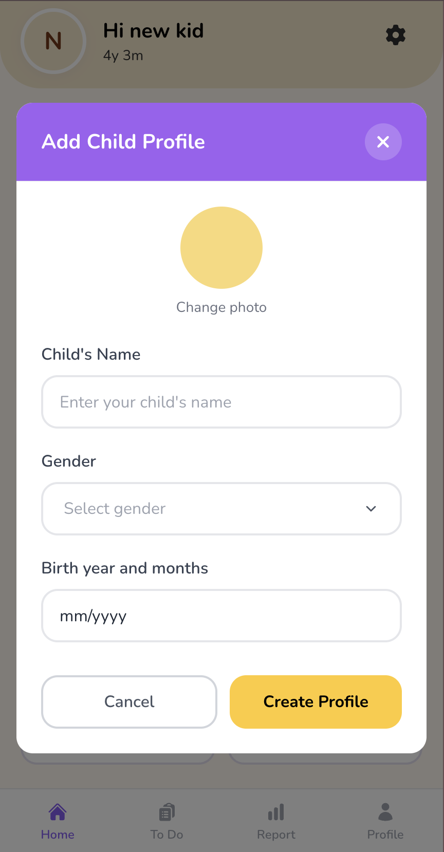Add child profile screen