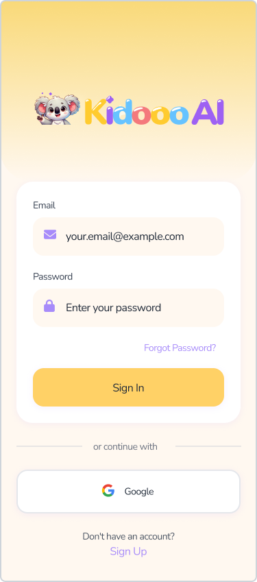 Kidooo Family sign in screen