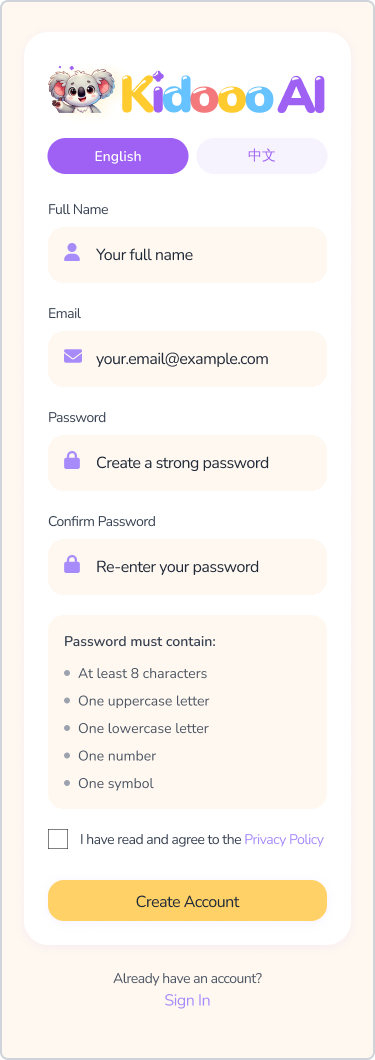 Kidooo Family sign up screen