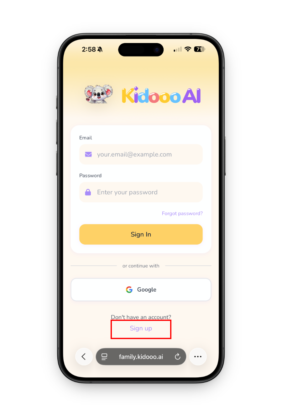 Kidooo sign up screen step 1
